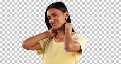 Buy stock photo Indian woman, neck pain and spine injury with healthcare, medical emergency and fibromyalgia on png transparent background. Agony, hurt and sick with muscle tension, pressure and inflammation 
