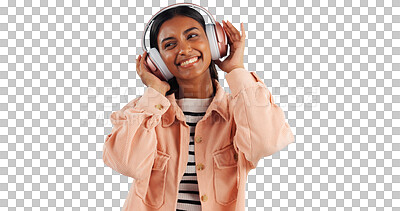 Buy stock photo Headphone, happy or Indian woman listening to music, podcast or radio audio on subscription. Smile, transparent or female person streaming a song or sound isolated on png background on mobile app