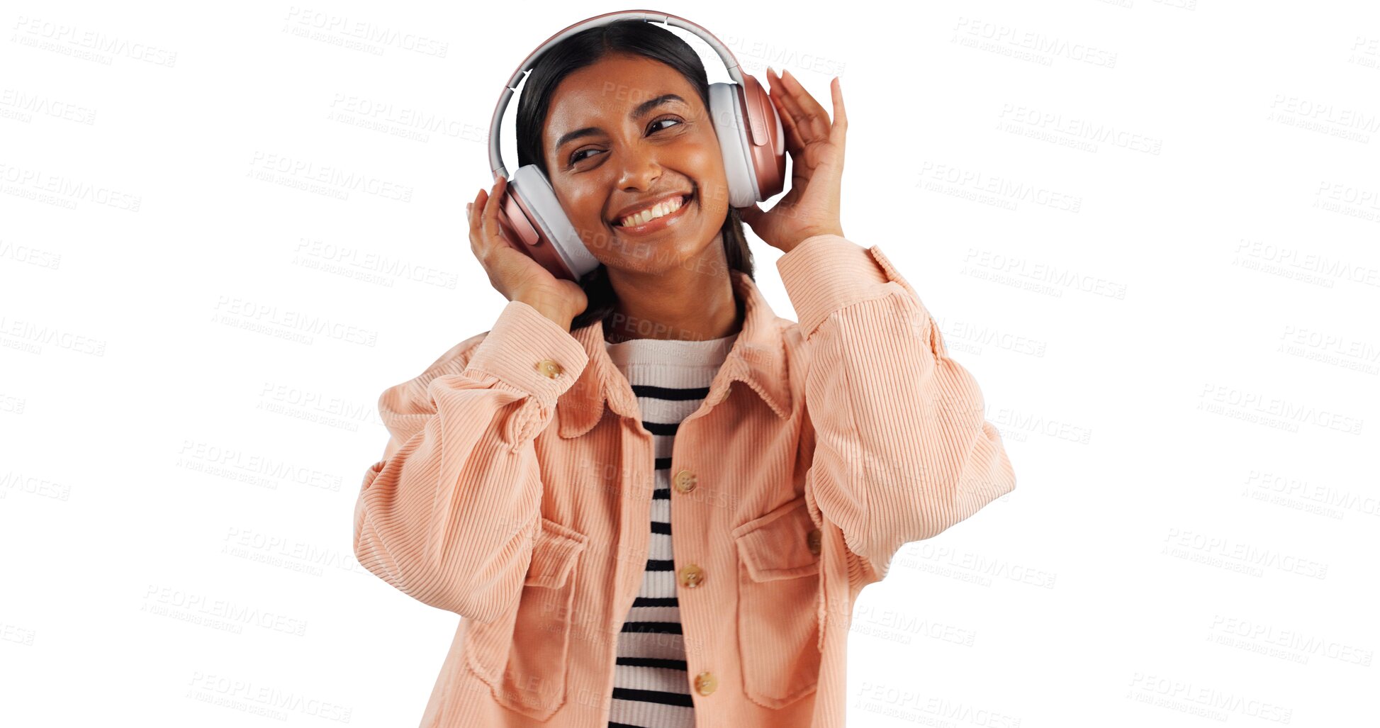 Buy stock photo Headphone, happy or Indian woman listening to music, podcast or radio audio on subscription. Smile, transparent or female person streaming a song or sound isolated on png background on mobile app