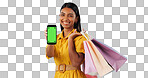 Phone green screen, shopping bag and portrait of happy woman show online discount, sales deal info or studio promo. Tracking markers, cellphone chroma key and mockup space customer on blue background