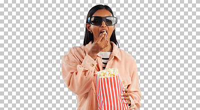 Buy stock photo Woman, cinema and 3D glasses with popcorn, streaming and entertainment with vision for leisure. Theater, corn snack and film or movie with user experience and isolated on transparent png background
