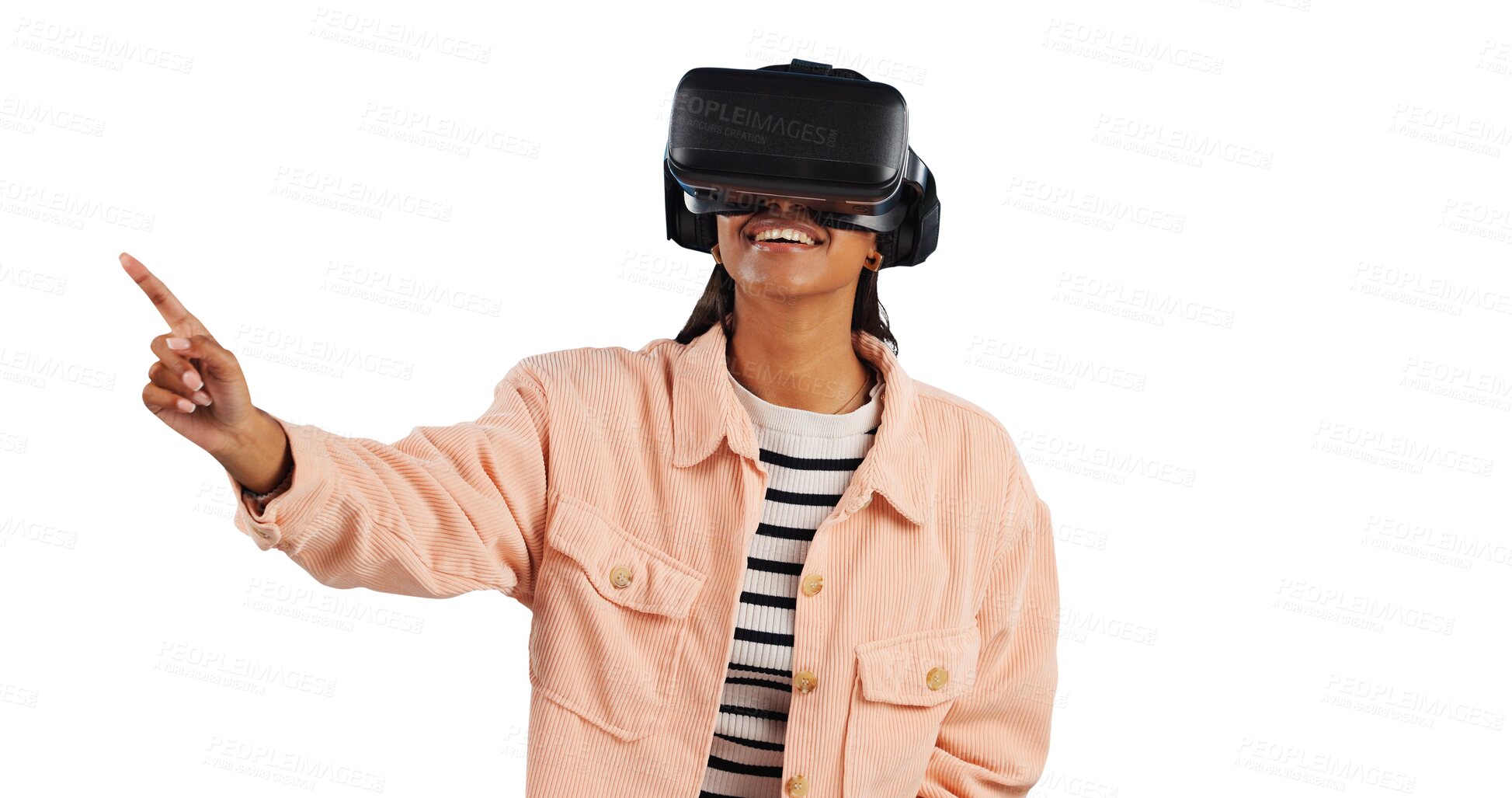 Buy stock photo Virtual reality, press or headset for woman with future technology or happy to play on gaming app. Hologram, 3D and metaverse in digital world and high tech for isolated on transparent png background