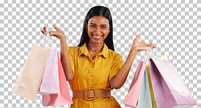 Buy stock photo Portrait, happy and woman with shopping bags for sale, discount or mall promotion on isolated, transparent or png background. Retail, face and excited female customer with boutique, product or gift