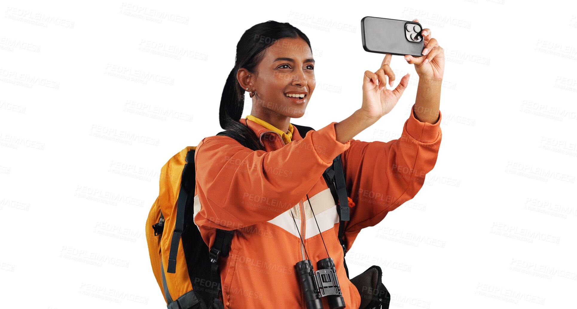 Buy stock photo Woman, hiking and cellphone for photography in nature for social media post for exploring, adventure or camping. Female person, connection and isolated transparent png background, walking or journey