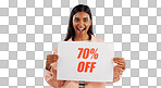 Woman, promotion poster and portrait with sale, discount and billboard in studio. Excited, smile and happy from savings and deal paper with banner and promo with blue background and price decrease