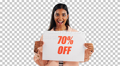 Buy stock photo Surprise, excited and woman with discount sign for promotion, retail and advertising on png transparent background. Portrait, wow and happy Indian salesperson with board or poster for store sale