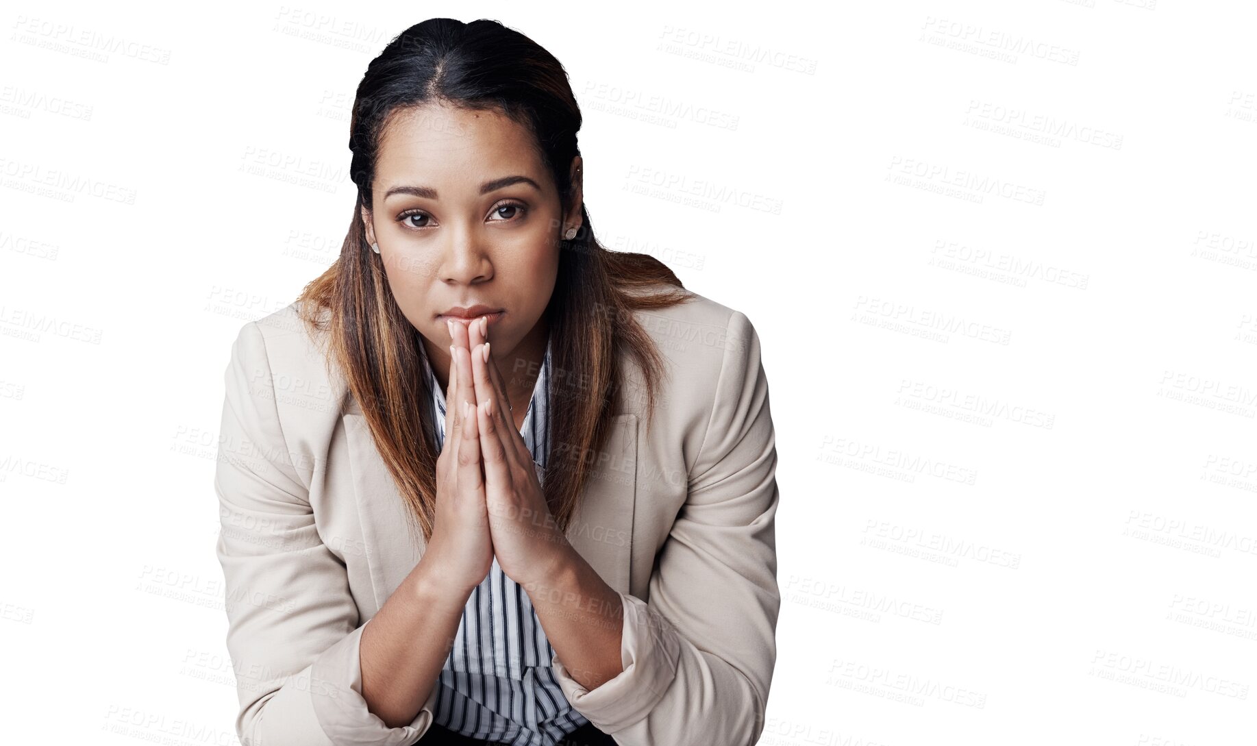 Buy stock photo Business woman, portrait and praying hands for hope, christianity or luck on a transparent PNG background. Female person or employee with formal clothing in forgiveness, guilty confession or religion