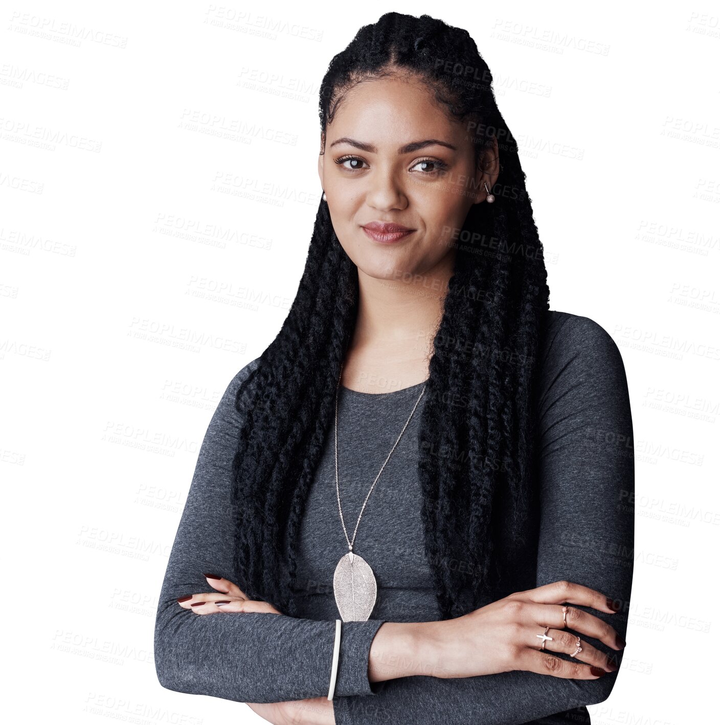 Buy stock photo Creative, woman and happy portrait with arms crossed in isolated, transparent or png background. Professional, artist and person with confidence, pride and working at museum, gallery or business