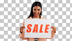 Woman, sale poster and portrait with sign, discount and billboard in studio. Excited, smile and happy from savings and deal paper with banner and promo with blue background and price decrease