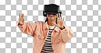 Virtual reality, hands on screen and woman with future technology and smile in studio on blue background. Hologram, 3D and metaverse, digital world and high tech with user experience and VR software