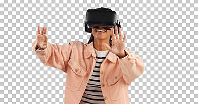 Buy stock photo VR, hands or happy woman with future technology and smile isolated on transparent png background. 3d metaverse video gaming, digital world or girl with high tech, user experience and virtual reality