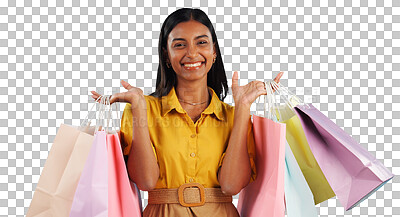 Buy stock photo Indian woman, smile and portrait with shopping bags in retail, marketing or promotion on png background. Happy person, transparent or excited customer with discount offer for fashion, choice or sale