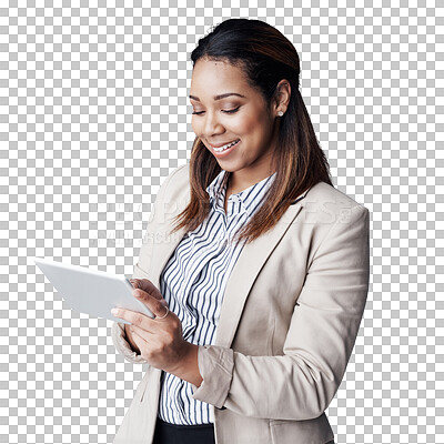 Buy stock photo Business woman, smile or tablet for reading on company website, newsletter or social media for networking. IT consultant, positive and happy for technology and isolated on transparent png background