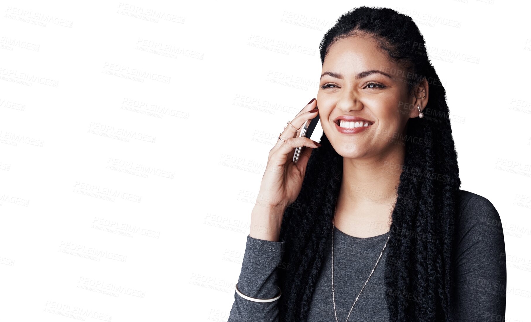Buy stock photo Professional woman, phone call and communication for contract or deal with consultant at startup on png transparent background. Contact, networking and b2b at consultancy agency with conversation
