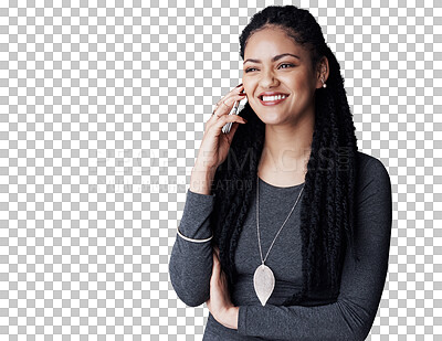 Buy stock photo Professional woman, phone call and communication for negotiation, contract or deal at startup isolated on png transparent background. Contact, networking and b2b at consultancy agency with talk