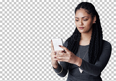Buy stock photo Woman, phone and chatting for online communication, networking or social media on a transparent PNG background. Isolated, person and checking connection or reading on smartphone for texting or search