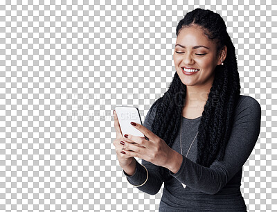 Buy stock photo Business woman, smile and cellphone in office for text and social media for online networking. Brazilian model, positive and reading a ebook on mobile app and isolated on transparent png background