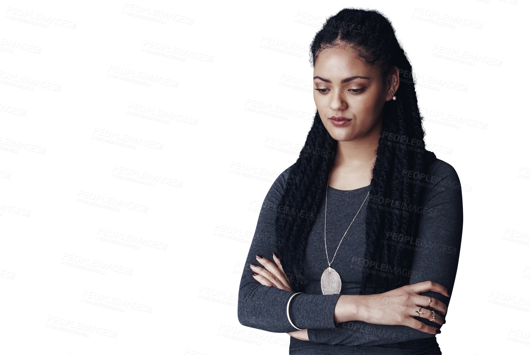 Buy stock photo Woman, depressed and sad for mental health, anxiety and overwhelmed for feeling stressed and alone. Female person, burnout and unhappy for thinking, doubt and confused and standing by png background