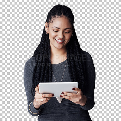 Buy stock photo Casual woman, positive and tablet for reading ebook on weekend, relax and social media for networking. Brazilian person, touchscreen or happy for technology or isolated on transparent png background
