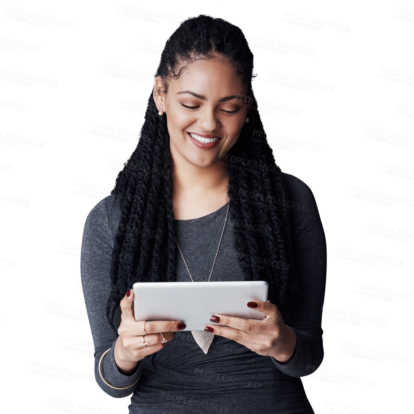 Buy stock photo Casual woman, positive and tablet for reading ebook on weekend, relax and social media for networking. Brazilian person, touchscreen or happy for technology or isolated on transparent png background
