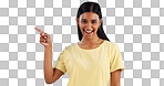 Woman, pointing and portrait with marketing, information and direction for announcement in studio. Blue background, person and promotion with smile and sale with offer and show hand sign of student