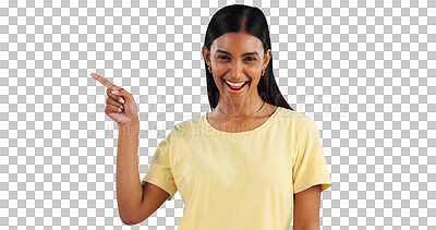Buy stock photo Indian woman, pointing at information and presentation, happiness in portrait and about us on png transparent background. Announcement, news and advertising, excited for ads and promo with marketing