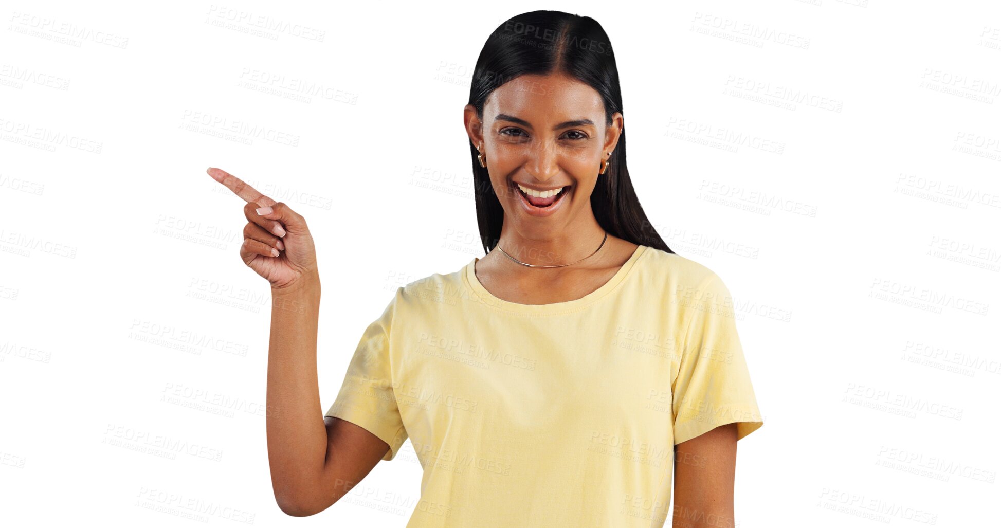 Buy stock photo Indian woman, pointing at information and presentation, happiness in portrait and about us on png transparent background. Announcement, news and advertising, excited for ads and promo with marketing