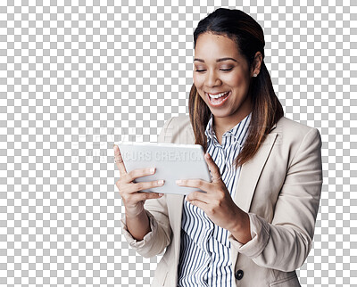 Buy stock photo Business woman, happy and tablet for internet research and social media for online networking. IT consultant, positive and reading on technology for email and isolated on transparent png background