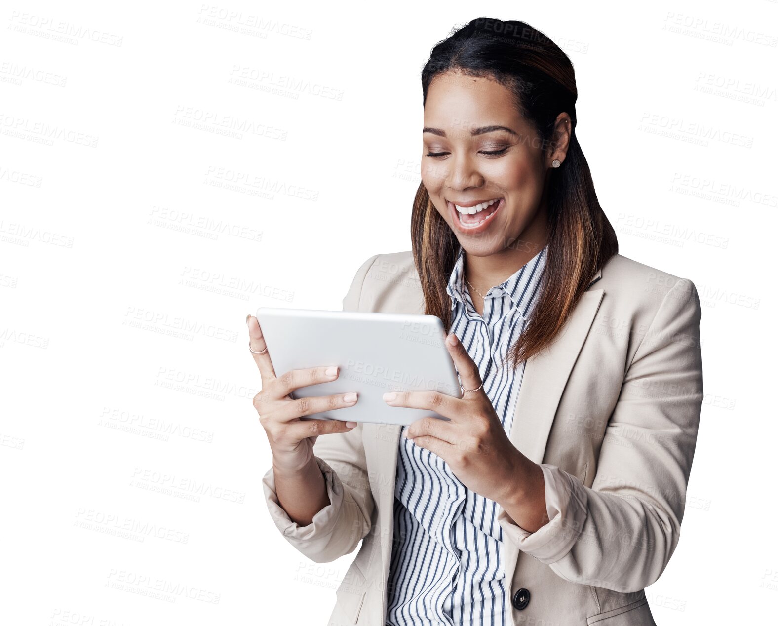 Buy stock photo Business woman, happy and tablet for internet research and social media for online networking. IT consultant, positive and reading on technology for email and isolated on transparent png background