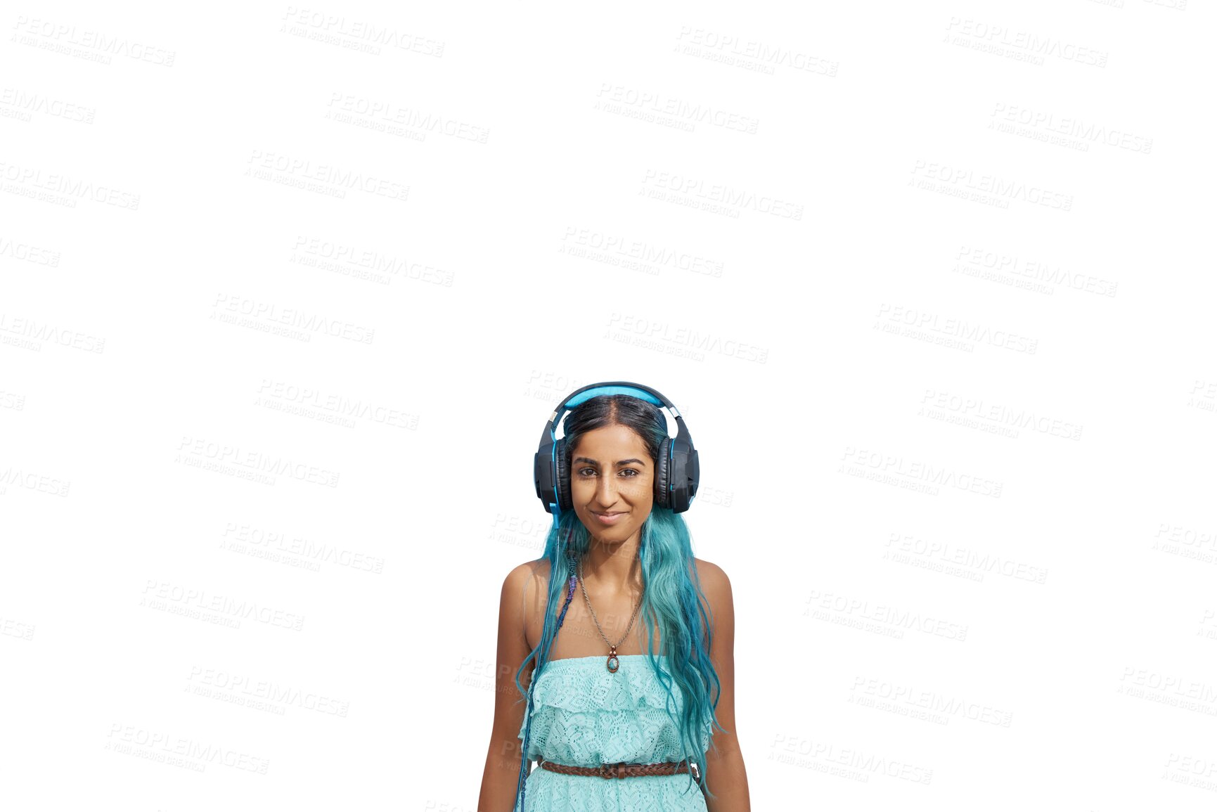 Buy stock photo Woman, headphones and listening for podcast, radio and music for happiness or wellness. African person, portrait and technology for streaming and relaxation isolated on a transparent, png background