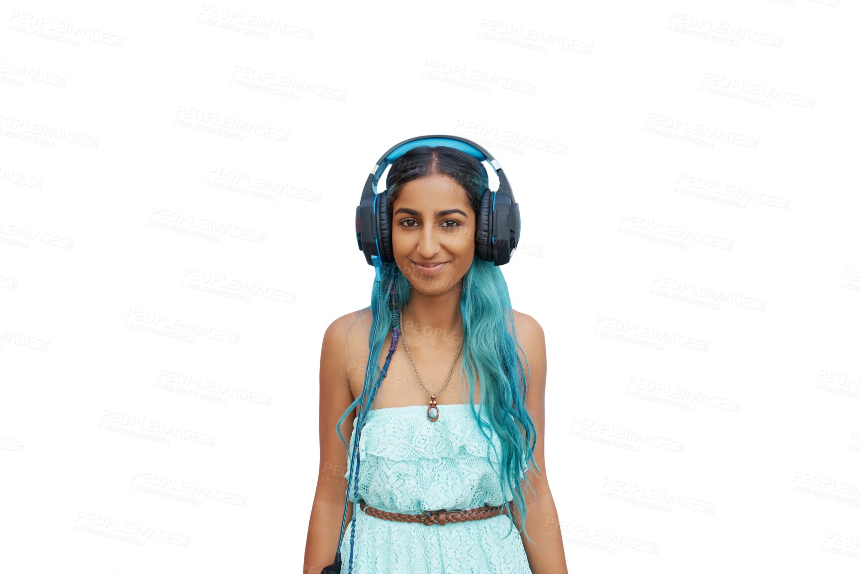 Buy stock photo Happy, woman and streaming music with headphones or portrait on transparent or png background. Isolated, girl and person smile listening to hip hop, audio or relax with radio dj on technology