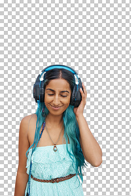 Buy stock photo Happy, young woman and student with headphones for music on an isolated, png and transparent background. Relax, audio podcast and Indian female person enjoying streaming with fashion or style