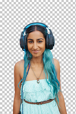 Buy stock photo Woman, portrait and listening to music with headphones for relax, happiness or sound with podcast or radio. Young girl, person and face with smile for streaming isolated on png transparent background