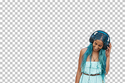 Buy stock photo Happy, woman and streaming music with headphones or relax with podcast on transparent or png background. Isolated, girl and person listening to hip hop, audio or enjoy radio dj with technology