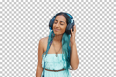 Buy stock photo Woman, relax and happy with music in headphones or streaming a podcast on transparent or png background. Isolated, girl and person listening to hip hop, audio or enjoy radio dj with technology