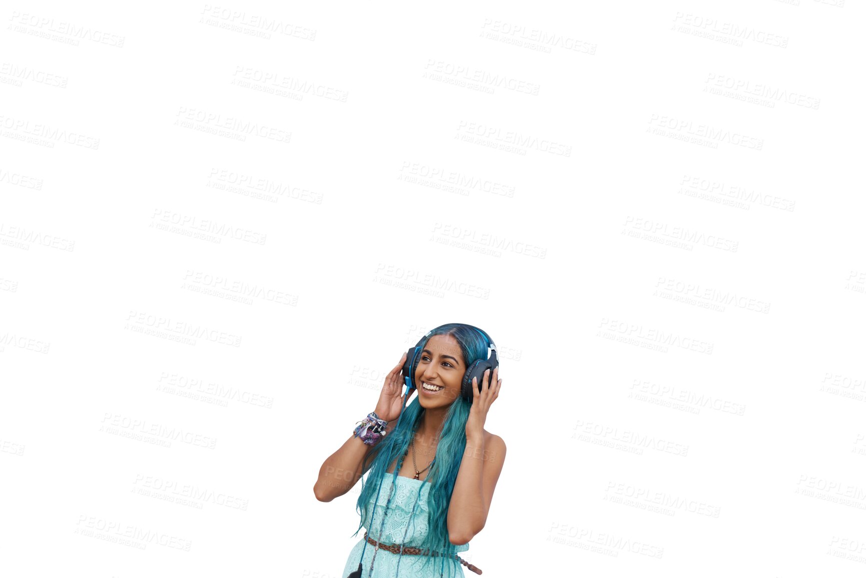 Buy stock photo Happy, woman and music in headphones to relax and streaming a podcast on transparent or png background. Isolated, girl and person listening to hip hop, audio or enjoy radio dj with technology