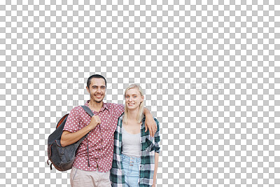 Buy stock photo Student couple, love and portrait hug with smile for relationship, romance and affection for support. Man, woman and happy for commitment, bonding and isolated on a transparent png background