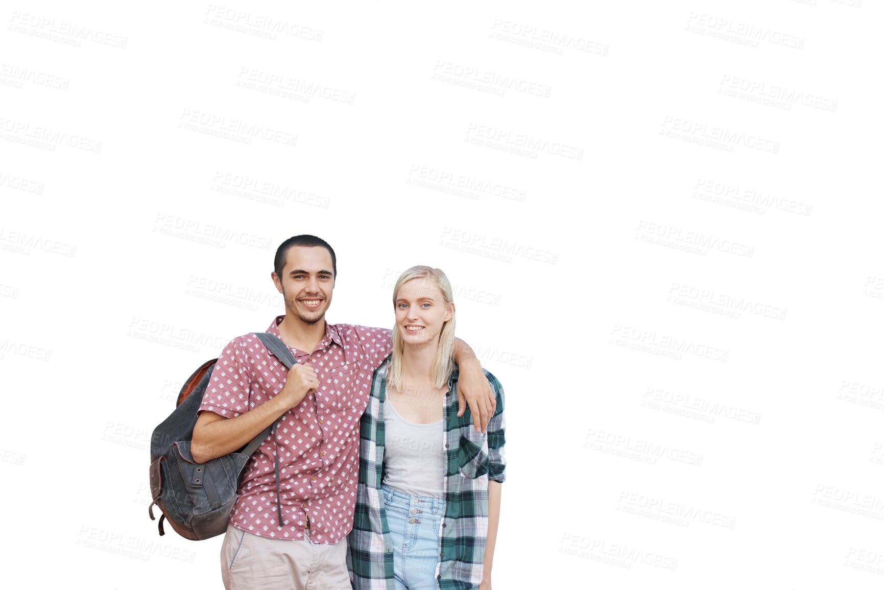 Buy stock photo Student couple, love and portrait hug with smile for relationship, romance and affection for support. Man, woman and happy for commitment, bonding and isolated on a transparent png background