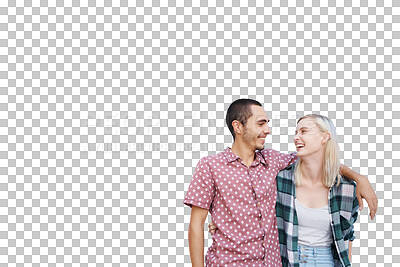 Buy stock photo Couple, love and laugh together with happiness for relationship, romance and affection for support. Man, woman and happy for commitment, bonding and looking isolated on a transparent png background

