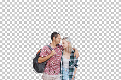 Buy stock photo Couple, love and kiss forehead with romance for relationship, smile and backpack for travel. Man, woman and happy for summer, holiday and isolated on a transparent png background for destination
