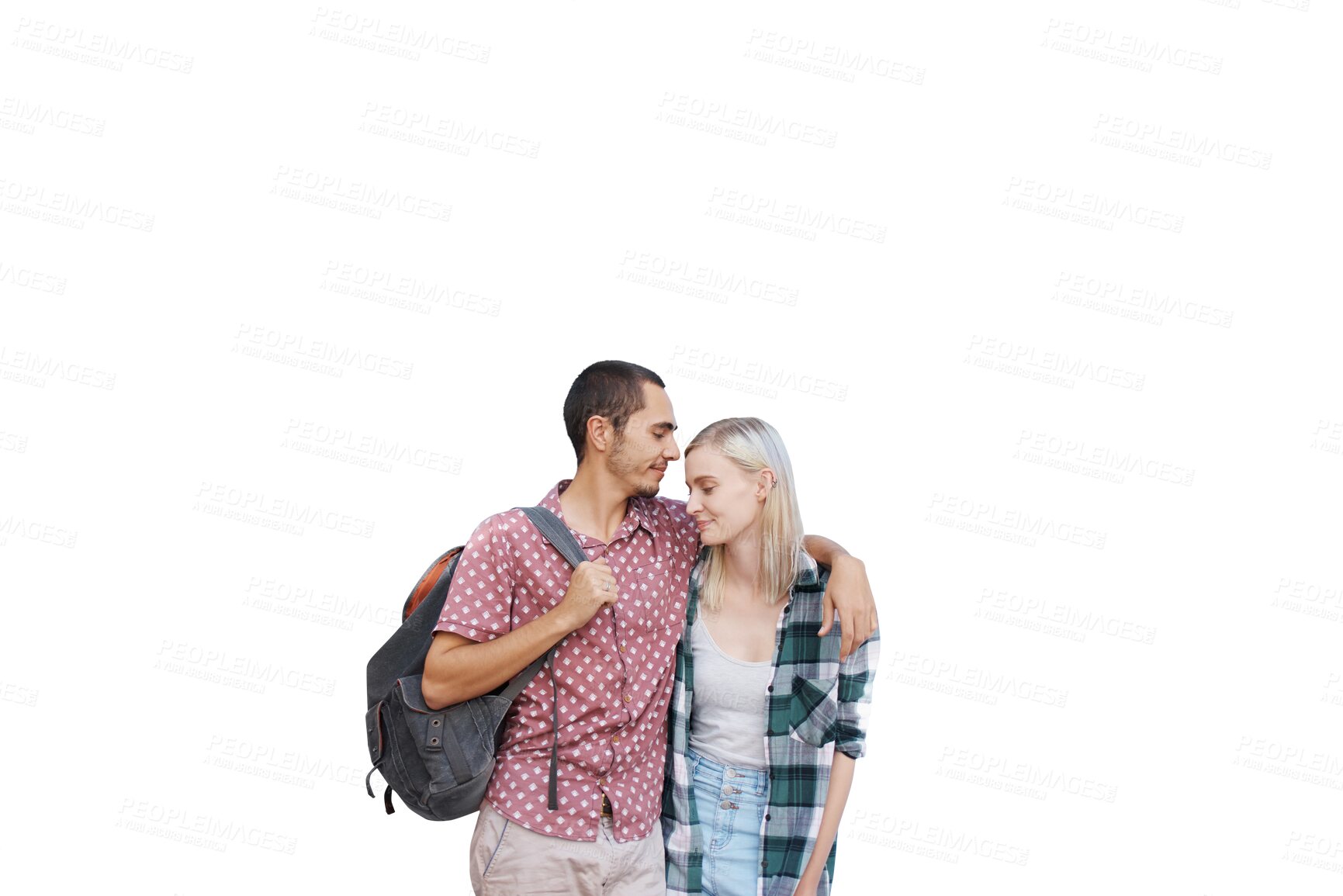 Buy stock photo Couple, love and kiss forehead with romance for relationship, smile and backpack for travel. Man, woman and happy for summer, holiday and isolated on a transparent png background for destination
