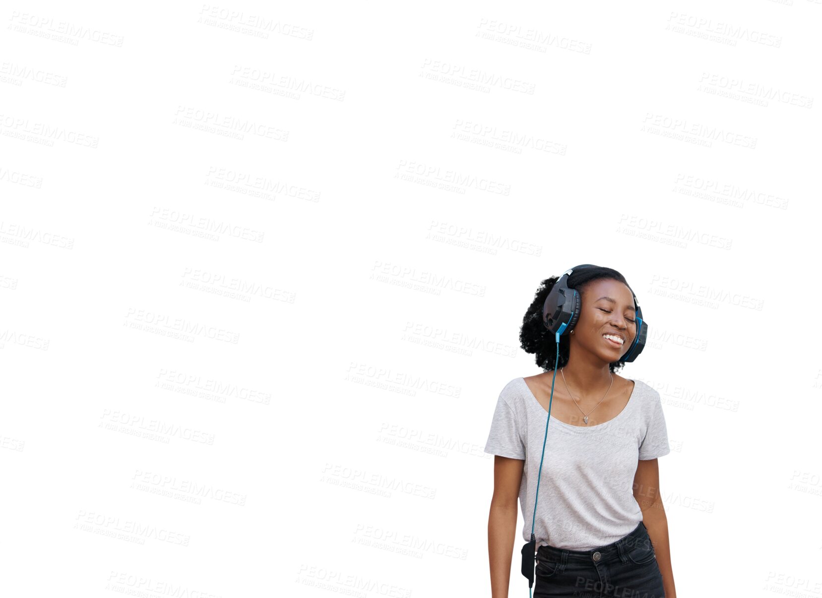 Buy stock photo Woman, relax and listening to music with headphones for break, happiness and sound with podcast or radio. African girl, person and face with smile for streaming isolated on png transparent background