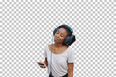 Buy stock photo Happy, black woman and music in headphones with phone to relax with podcast on transparent or png background. Isolated, girl and person listening to hip hop, audio or streaming radio dj with tech