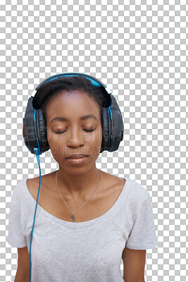 Buy stock photo Woman, face and listening to music with headphones for relax, peaceful and sound with podcast or radio. African girl, person and audio or calm for streaming isolated on a png transparent background