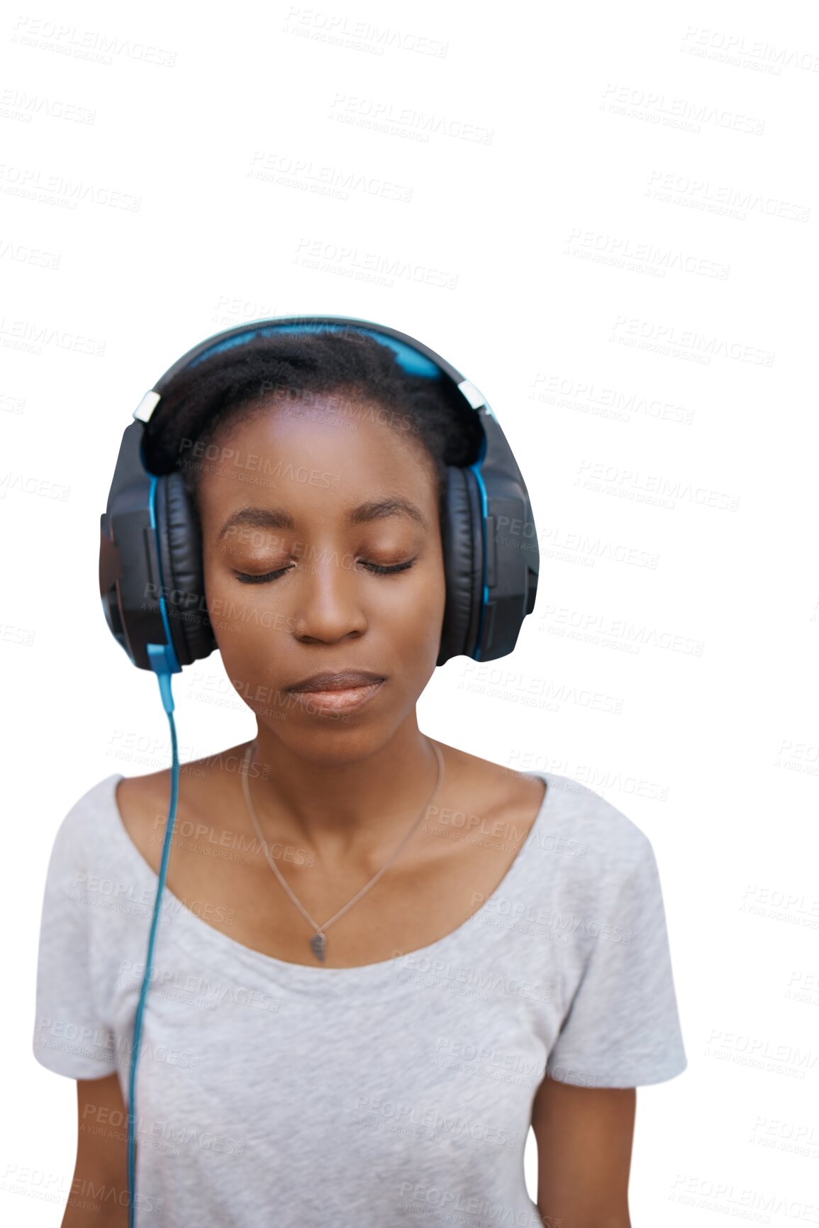 Buy stock photo Woman, face and listening to music with headphones for relax, peaceful and sound with podcast or radio. African girl, person and audio or calm for streaming isolated on a png transparent background