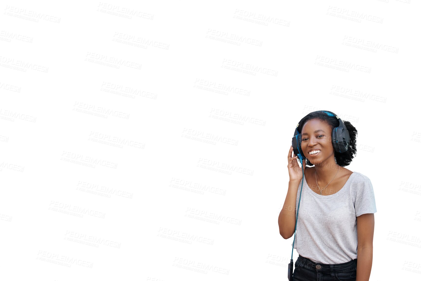 Buy stock photo Woman, portrait and listening to radio with headphones for relax, happiness or sound with podcast or music. Black girl, person and face with smile for streaming isolated on png transparent background