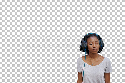 Buy stock photo Woman, relax and listening to music with headphones for audio, peace and sound with podcast or radio. African girl, person and calm with break for streaming isolated on a png transparent background