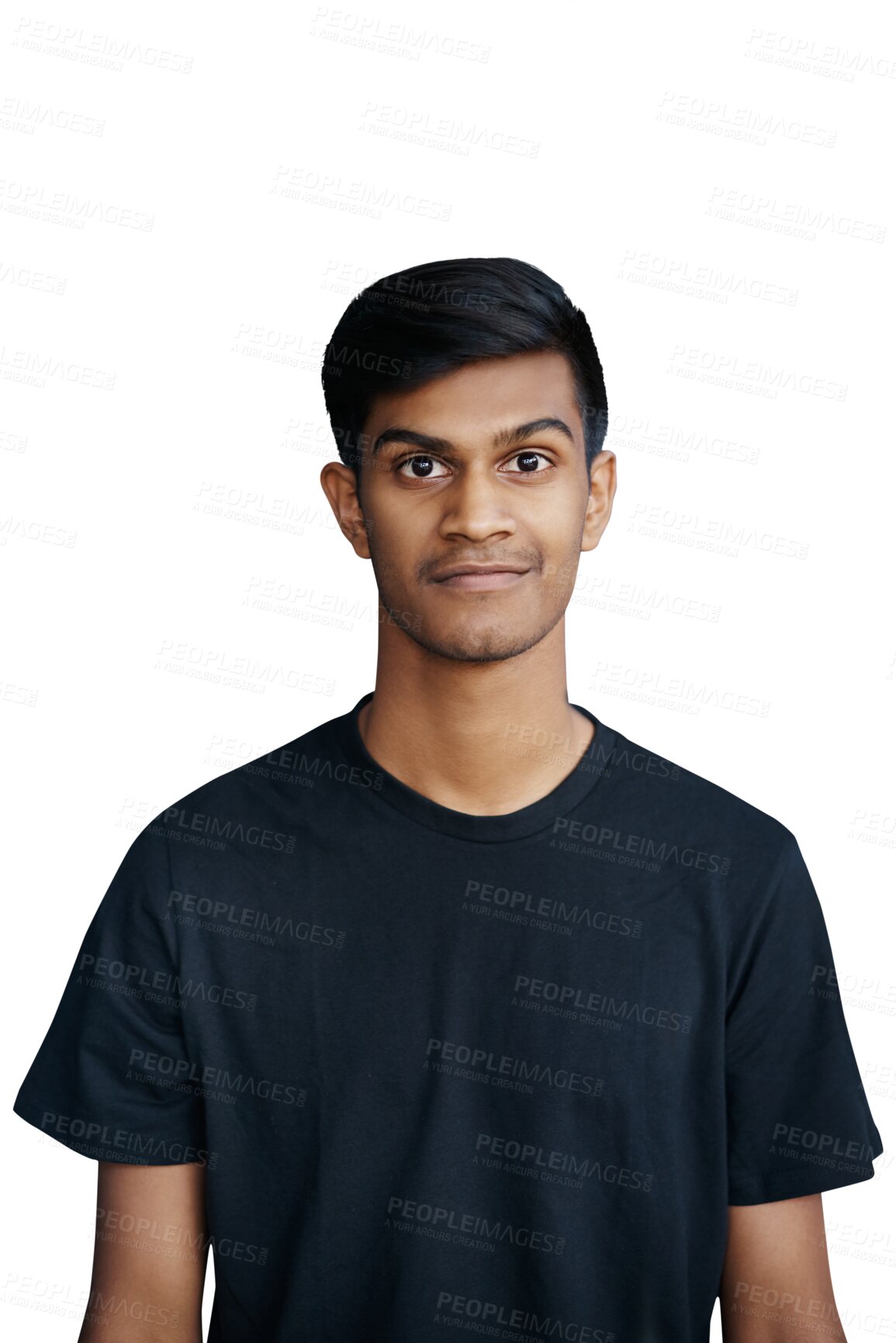 Buy stock photo Indian male person, portrait and smile for simple, casual and confident style with minimalist look. Young man, student and proud for isolated, transparent and png background for college and class