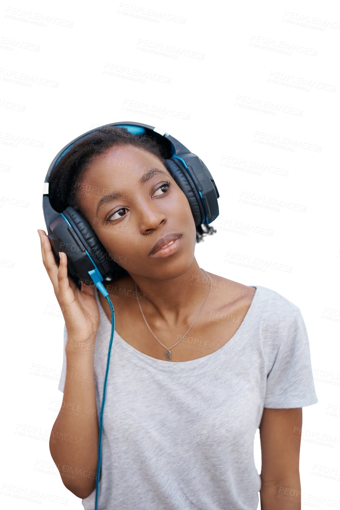 Buy stock photo Woman, thinking and listening to radio with headphones for relax, daydreaming or sound with podcast and music. Black girl, person and face or calm for streaming isolated on png transparent background