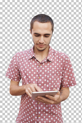 Buy stock photo Tablet, isolated or man reading on social media, chat app or internet website for online information. Networking, research or entrepreneur typing on digital technology on transparent png background
